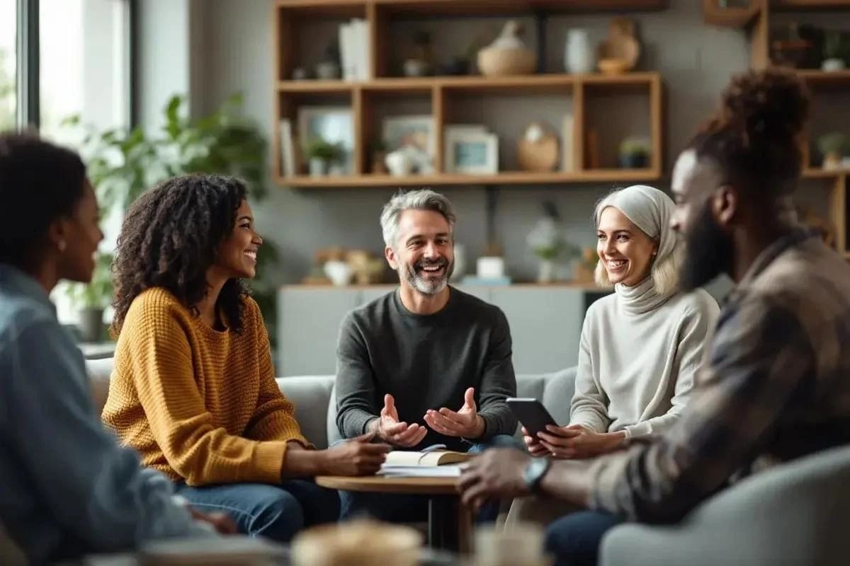 Diverse group of people in community support meeting
